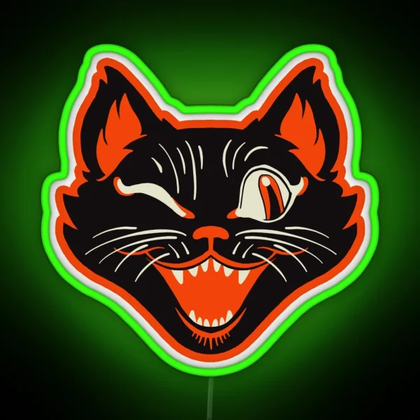 Retro Vintage Halloween Black Cat Winking Face RGB Neon Sign