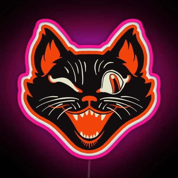 Retro Vintage Halloween Black Cat Winking Face RGB Neon Sign
