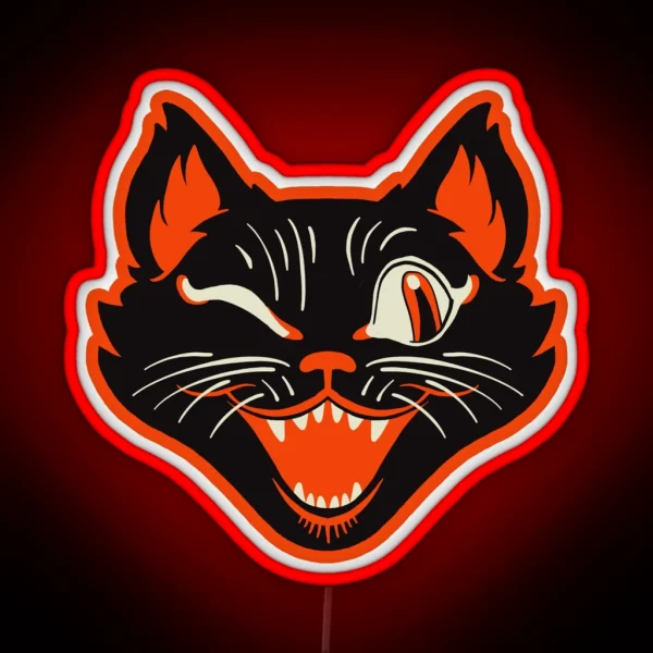 Retro Vintage Halloween Black Cat Winking Face RGB Neon Sign