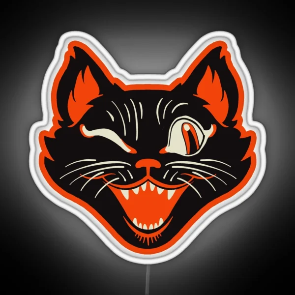 Retro Vintage Halloween Black Cat Winking Face RGB Neon Sign