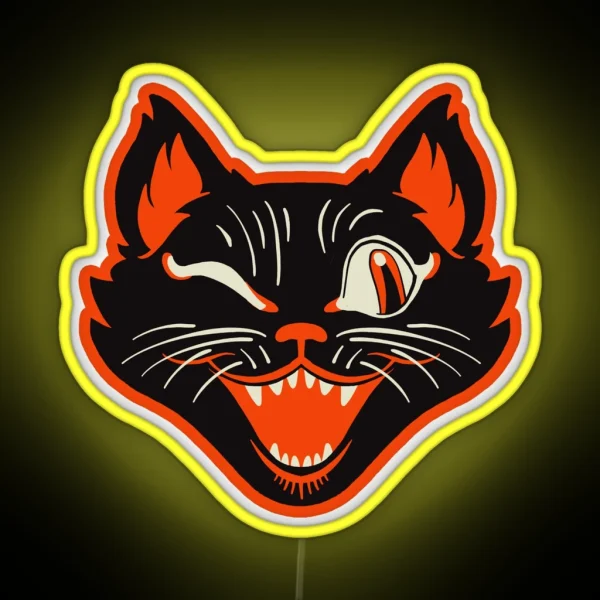 Retro Vintage Halloween Black Cat Winking Face RGB Neon Sign