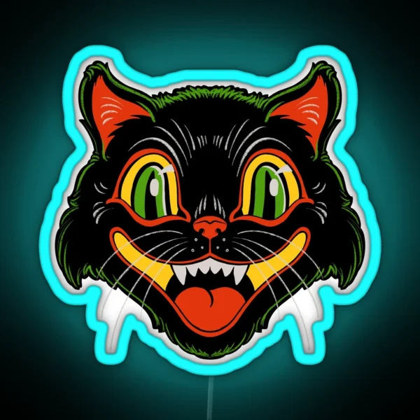 Retro Vintage Halloween Decor Black Cat Face RGB Neon Sign