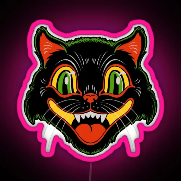 Retro Vintage Halloween Decor Black Cat Face RGB Neon Sign