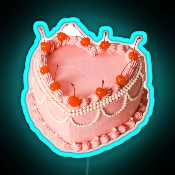 Retro Vintage Pink Heart Cake With Cherries Coquette RGB Neon Sign