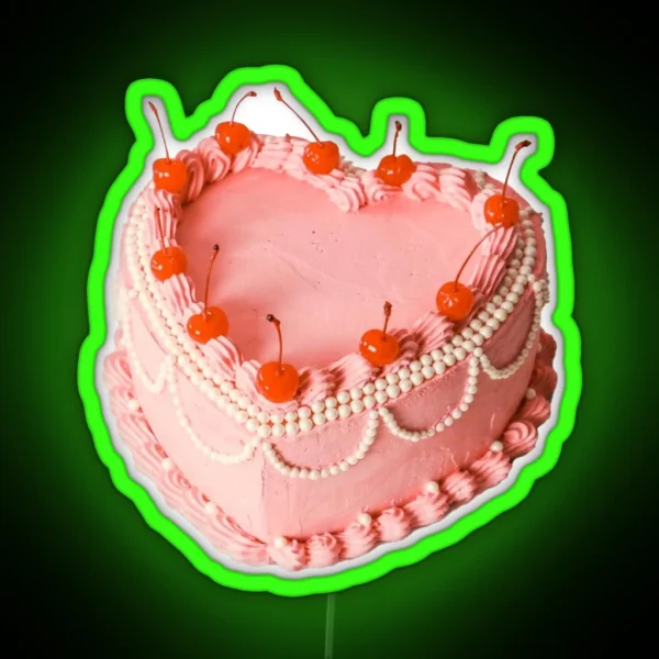 Retro Vintage Pink Heart Cake With Cherries Coquette RGB Neon Sign