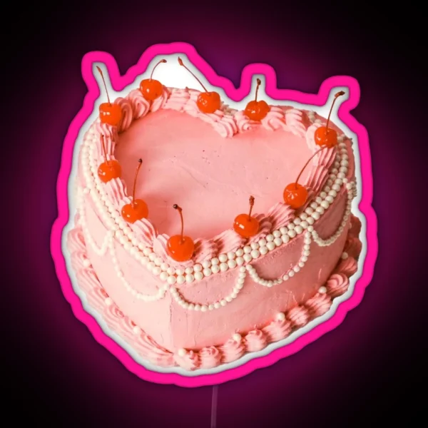 Retro Vintage Pink Heart Cake With Cherries Coquette RGB Neon Sign