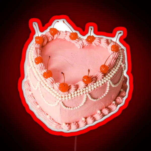 Retro Vintage Pink Heart Cake With Cherries Coquette RGB Neon Sign