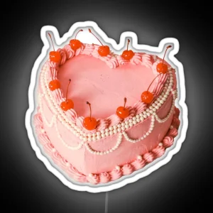 Retro Vintage Pink Heart Cake With Cherries Coquette Aesthetic RGB Neon Sign