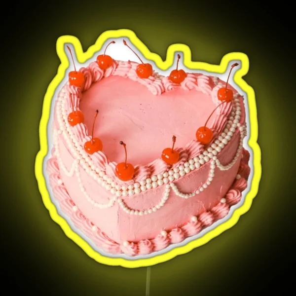 Retro Vintage Pink Heart Cake With Cherries Coquette RGB Neon Sign