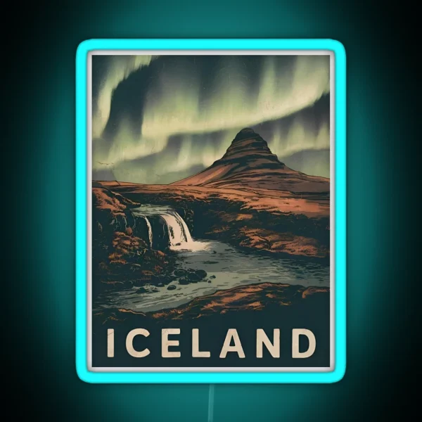 Retro Vintage Travel Iceland Kirkjufell RGB Neon Sign