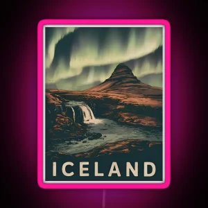 Retro Vintage Travel Iceland Kirkjufell Northern Lights RGB Neon Sign