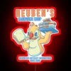 Neon sign reading 'Reuben's Sandwich Shop' in colorful RGB lighting.