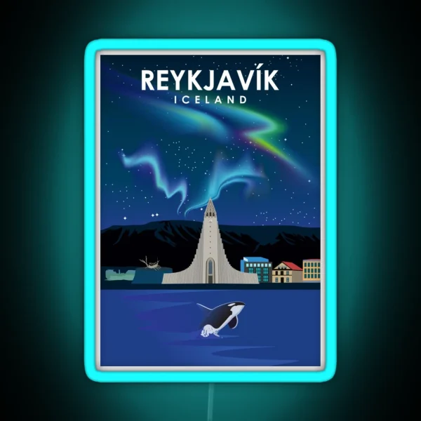 Reykjavik Iceland Northern Lights Travel Poster RGB Neon Sign