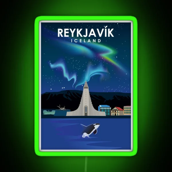 Reykjavik Iceland Northern Lights Travel Poster RGB Neon Sign