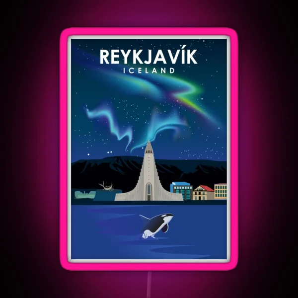 Reykjavik Iceland Northern Lights Travel Poster RGB Neon Sign