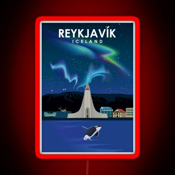 Reykjavik Iceland Northern Lights Travel Poster RGB Neon Sign