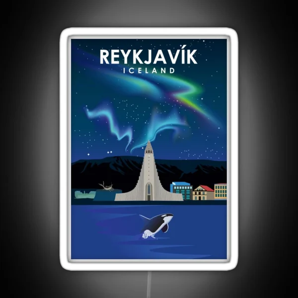 Reykjavik Iceland Northern Lights Travel Poster RGB Neon Sign