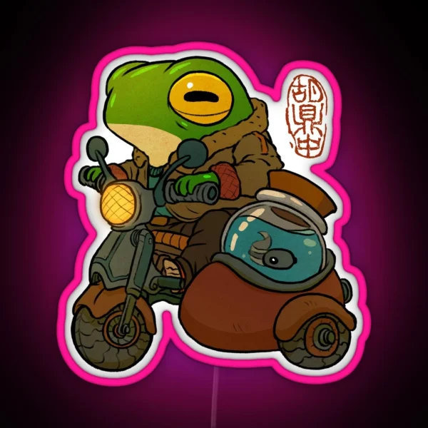 Road Trip Motorcycle Frog Artwork Asian Style RGB Neon Sign