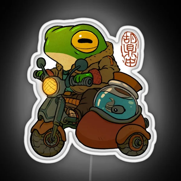Road Trip Motorcycle Frog Artwork Asian Style RGB Neon Sign