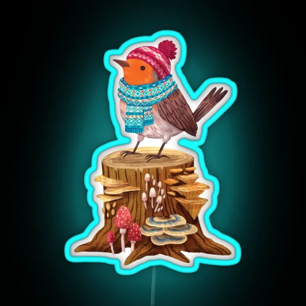 Robin Bird In A Cozy Winter Scarf And Hat RGB Neon Sign