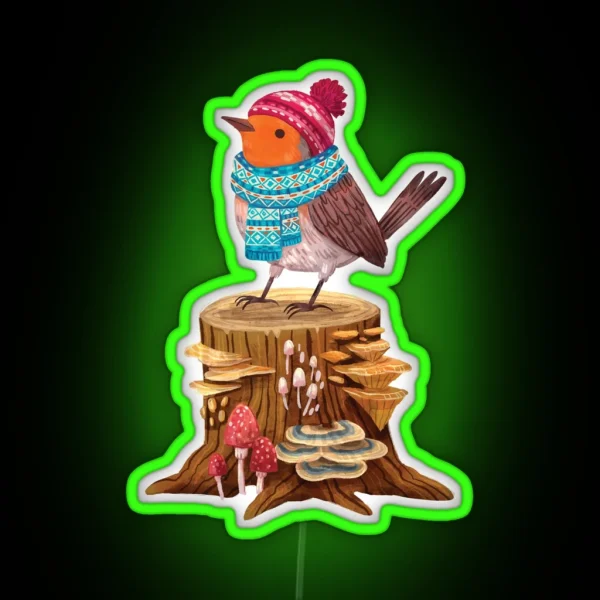 Robin Bird In A Cozy Winter Scarf And Hat RGB Neon Sign