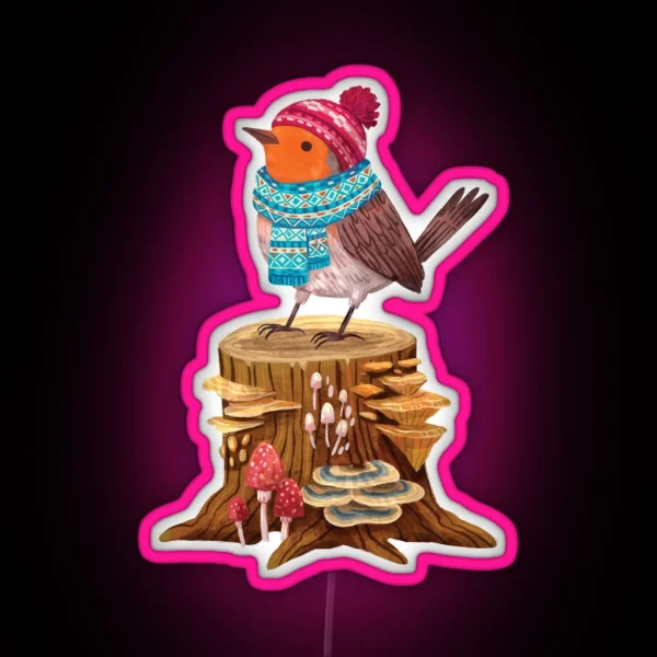Robin Bird In A Cozy Winter Scarf And Hat RGB Neon Sign