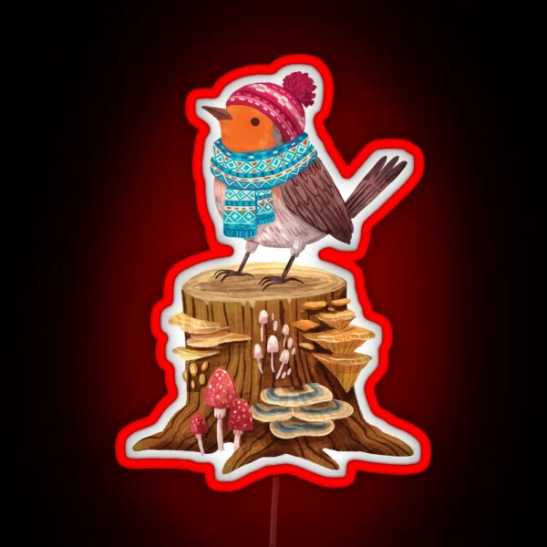 Robin Bird In A Cozy Winter Scarf And Hat RGB Neon Sign