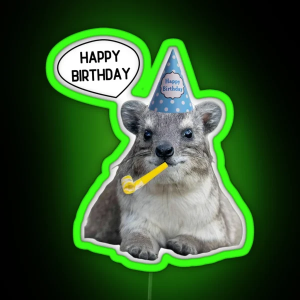 Rock Hyrax Happy Birthday Blue Party Hat RGB Neon Sign