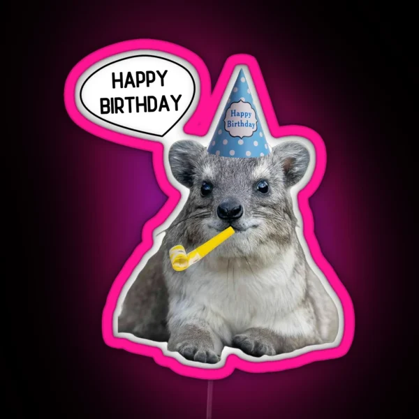 Rock Hyrax Happy Birthday Blue Party Hat RGB Neon Sign
