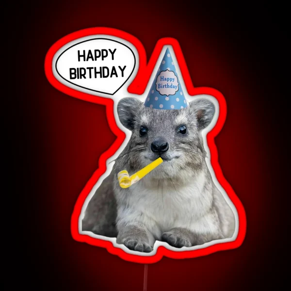 Rock Hyrax Happy Birthday Blue Party Hat RGB Neon Sign