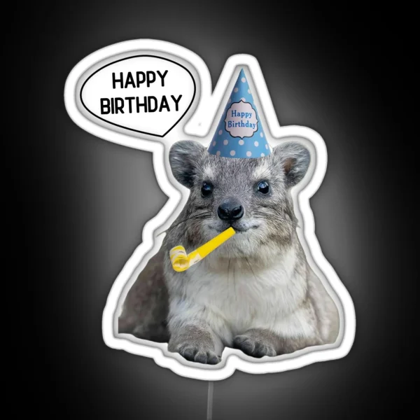 Rock Hyrax Happy Birthday Blue Party Hat RGB Neon Sign