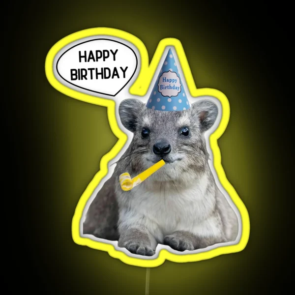 Rock Hyrax Happy Birthday Blue Party Hat RGB Neon Sign