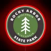 Rocky Arbor State Park badge inspired Wisconsin forest mountain scenic sign