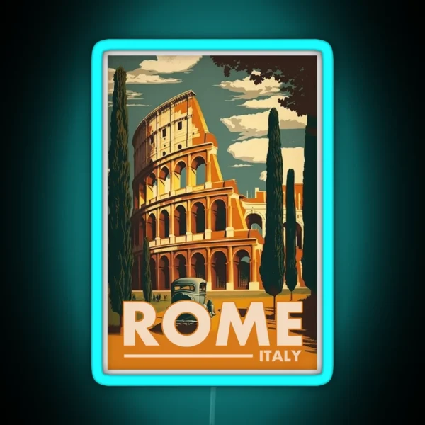 Rome Italy Vintage Travel Poster Retro Colosseum RGB Neon Sign