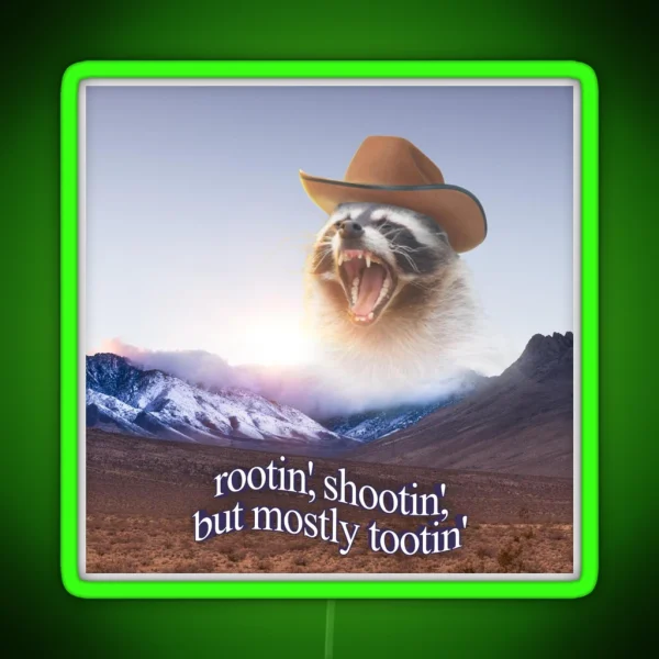 Rootin Shootin But Mostly Tootin Cowboy Raccoon Word Art RGB Neon Sign