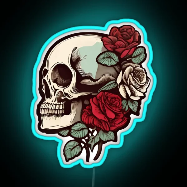 Rose Cool Gothic Style Skull With Roses Dark RGB Neon Sign