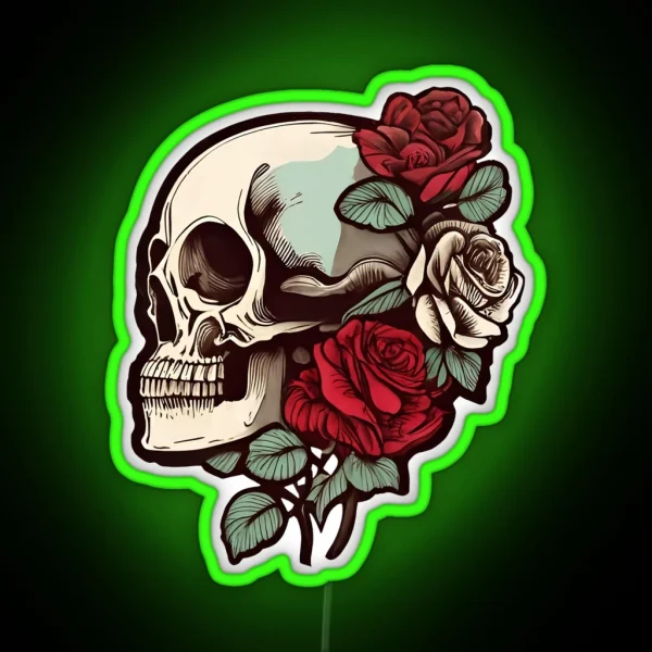 Rose Cool Gothic Style Skull With Roses Dark RGB Neon Sign
