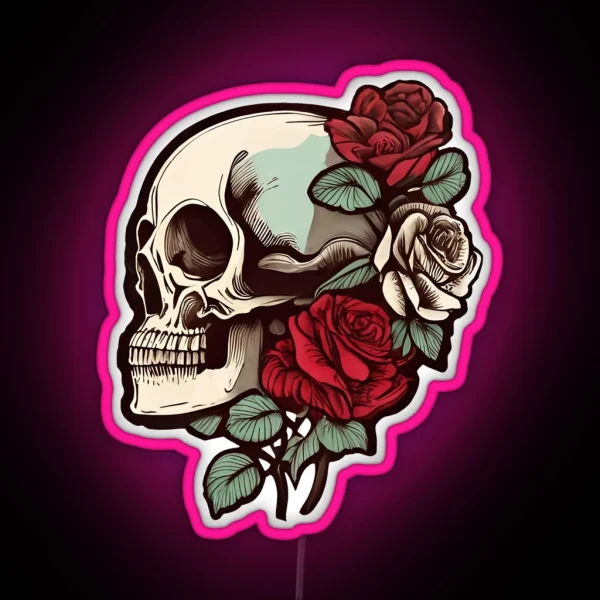 Rose Cool Gothic Style Skull With Roses Dark RGB Neon Sign