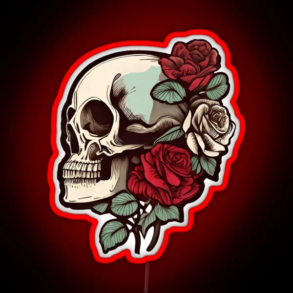 Rose Cool Gothic Style Skull With Roses Dark RGB Neon Sign