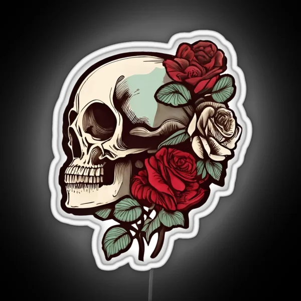 Rose Cool Gothic Style Skull With Roses Dark RGB Neon Sign