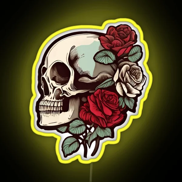Rose Cool Gothic Style Skull With Roses Dark RGB Neon Sign