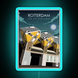 Rotterdam The Netherlands Vintage Minimal Retro Travel Poster At Night RGB Neon Sign