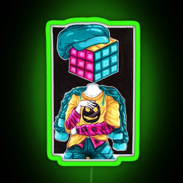 Rubiks Cube Head Gouache Painting RGB Neon Sign