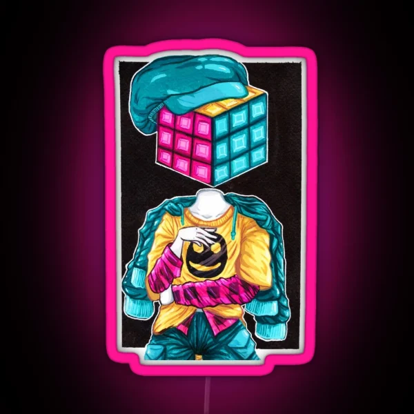 Rubiks Cube Head Gouache Painting RGB Neon Sign