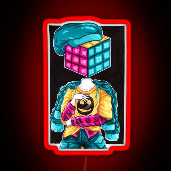 Rubiks Cube Head Gouache Painting RGB Neon Sign