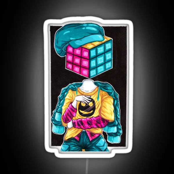 Rubiks Cube Head Gouache Painting RGB Neon Sign