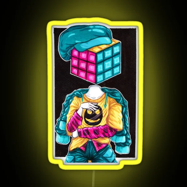 Rubiks Cube Head Gouache Painting RGB Neon Sign