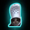 Whimsical feline design with colorful crocodile accents in vibrant neon.