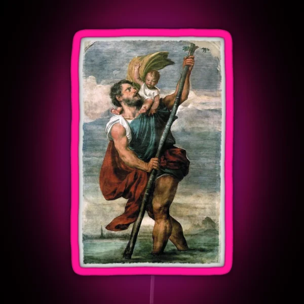 Saint Christopher Carrying The Christ Child Fresco RGB Neon Sign