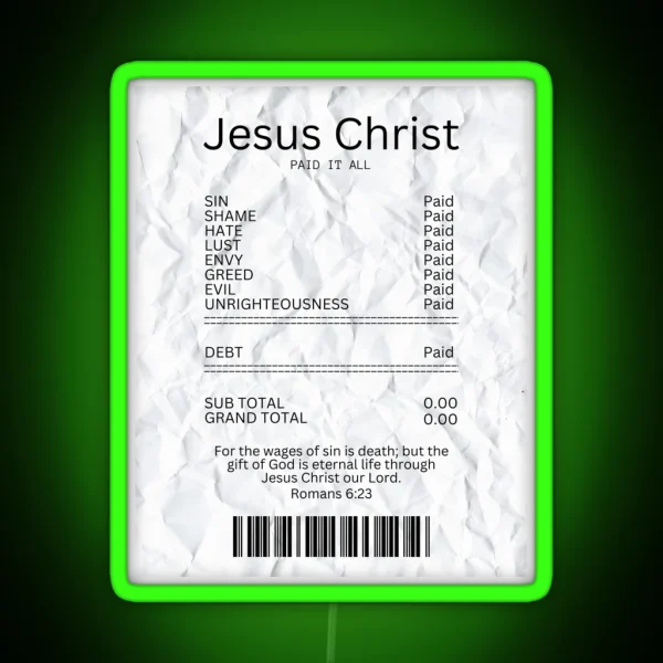 Salvation Receipt Jesus Paid It All RGB Neon Sign